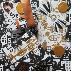 Inpakpapier - Sint - Hop Hop - zwart / wit / koper - 2m - MET FOUTJE
