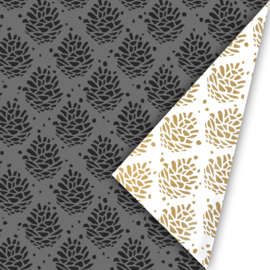 Inpakpapier - Pinecone Pattern - zwart/goud/wit - 2m