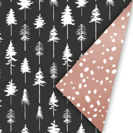 Inpakpapier - Kerst - Lovely Trees - zwart/wit/rosé - 2m
