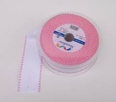Aida Borduurband wit met roze rand / 5 cm breed (voor baby's)