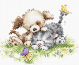 Borduurpakket Dog and Cat with Butterfly - Luca-S  ls-b1185