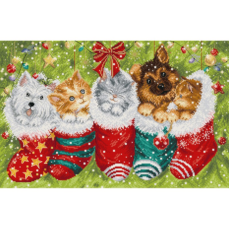 Borduurpakket Dogs and Cats in Stockings - Leti Stitch     leti-l9940