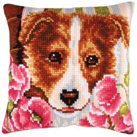 Kussen borduurpakket Dog and Pink Poppies - Collection d'Art    cda-5213