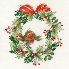 Borduurpakket Robin Wreath - Bothy Threads / Vogel in Kerst tak