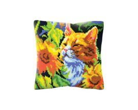 Kussen borduurpakket Cat in Sunflowers - Collection d'Art      cda-5502