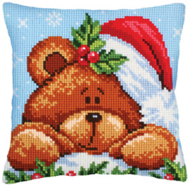 Kussen borduurpakket Christmas with a Teddy Bear - Collection d'Art    cda-5240