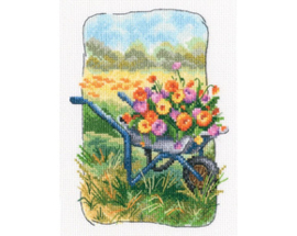 Borduurpakket Grandmother's Old Garden - Wheelbarrow with Flowers - RTO    rto-c347