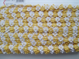 Bloemetjes band. Geel  met wit, 15 mm breed.