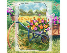 Borduurpakket Grandmother's Old Garden - Wheelbarrow with Flowers - RTO    rto-c347