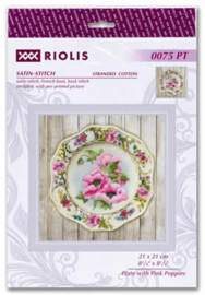 Borduurpakket Plate with Pink Poppies - Satin Stitch - RIOLIS    ri-pt0075