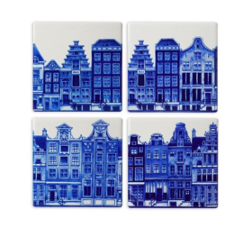 4 Onderzetters Grachtenpanden Heinen Delfts Blauw