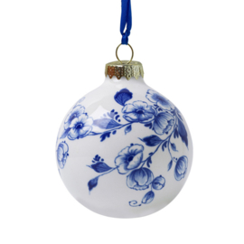 Kerstbal Bloemen Groot - Heinen Delfts Blauw