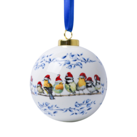 Kerstbal Bosvogels met Kerstmuts - Heinen Delfts Blauw