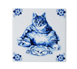 4 Onderzetters Luie Kat Heinen Delfts Blauw