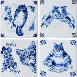 4 Onderzetters Luie Kat Heinen Delfts Blauw