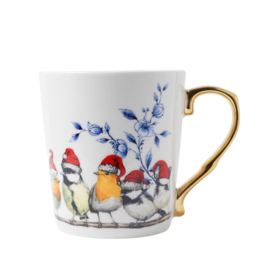 Mok Bosvogels Kerst Goud Heinen Delfts Blauw