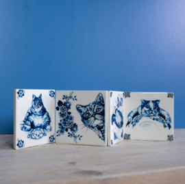 4 Onderzetters Luie Kat Heinen Delfts Blauw