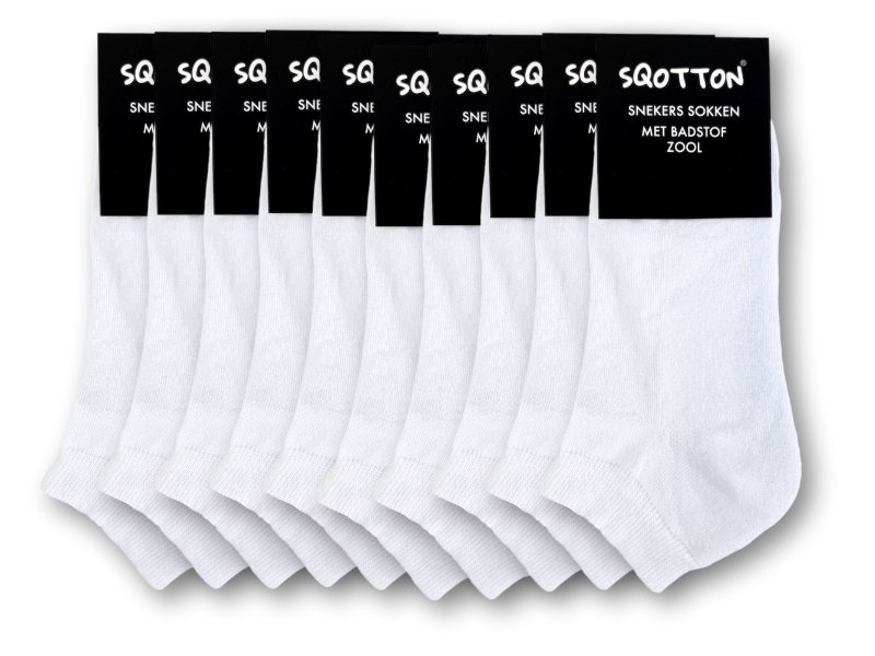 10 paar Badstof Sneakersokken - Extra gevoerd - Naadloos - SQOTTON® - Wit