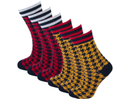 6 Paar meisjes sokken - Pied de poule motief - Rood/Oker