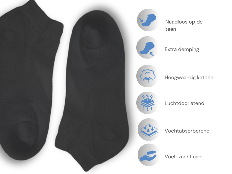 10 paar Badstof Sneakersokken - Extra gevoerd - Naadloos - SQOTTON® - Zwart