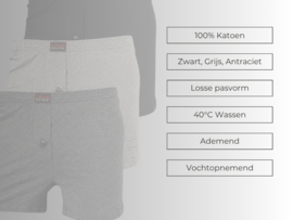 3-Pack Katoenen heren boxershorts - Losse pasvorm - Zwart/Grijs/Antraciet