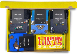 Vrolijke sokken met chocolade - Giftbox - Funky Animals - Geel