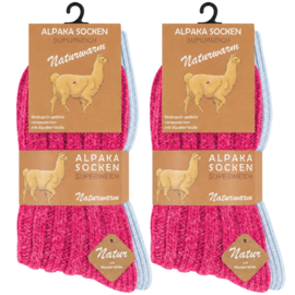 4 paar Wollen sokken - Grof gebreid - met Alpacawol - Roze-Lichtblauw
