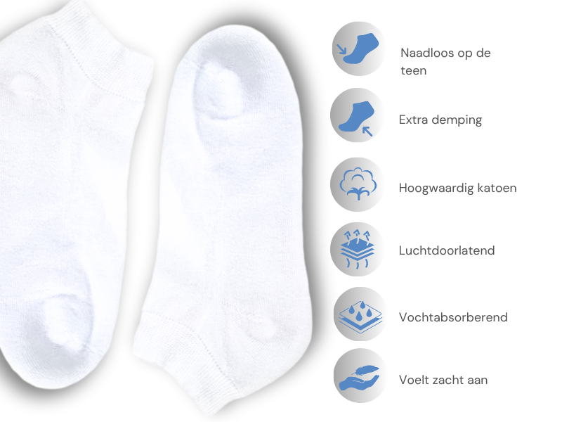 10 paar Badstof Sneakersokken - Extra gevoerd - Naadloos - SQOTTON® - Wit