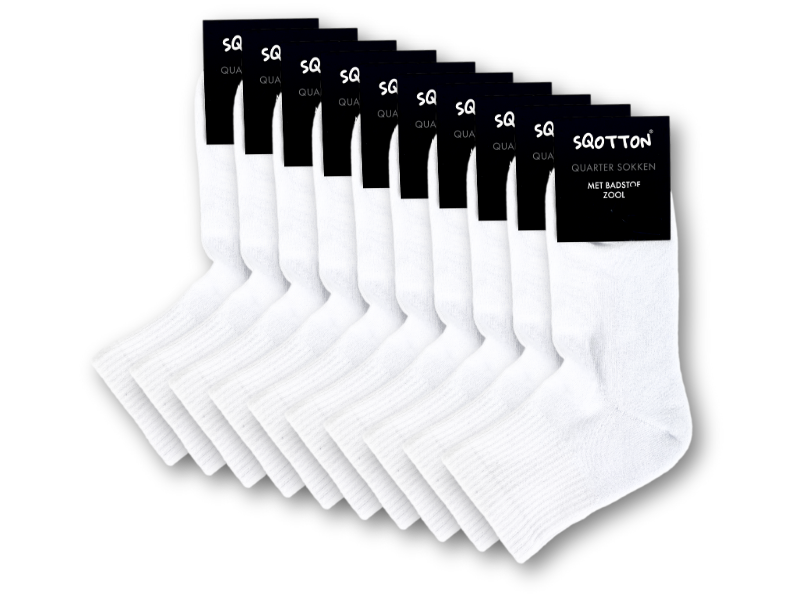 10 paar Badstof Quarter Sneakersokken - Extra gevoerd - Naadloos - SQOTTON® - Wit
