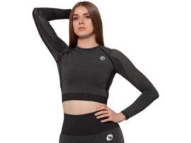 Dames sport crop top - lange mouwen  - Zwart Melange