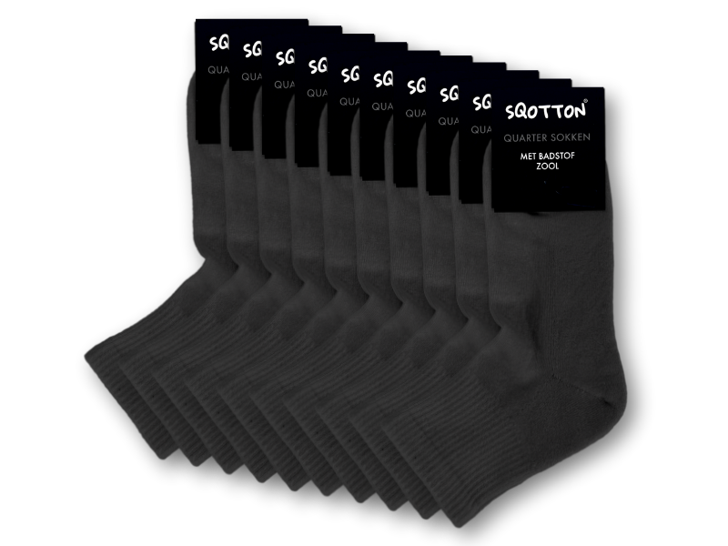 10 paar Badstof Quarter Sneakersokken - Extra gevoerd -Naadloos - SQOTTON® - Zwart