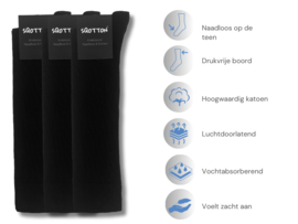 3 paar Katoenen kniekousen - Naadloos - Drukvrije boord - Zwart