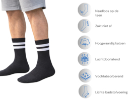 12 Paar Naadloze Sportsokken - Zwart met Witte strepen