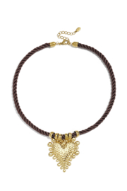 Touw ketting bruin met goud hart