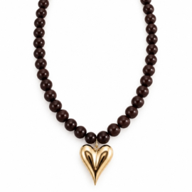 Kralenketting bruin met goud hart