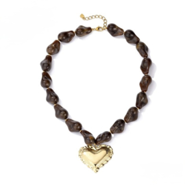 Kralen ketting bruin met hart