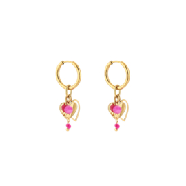 Oorbellen stainless steel goud met hartje en kralen roze