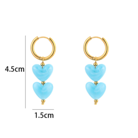 Stainless steel oorbellen goud met hartjes blauw