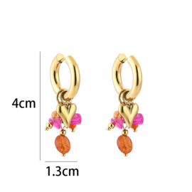 Stainless steel oorbellen goud met hart en roze kralen