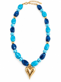 Kralenketting blauw goud hart