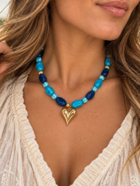 Kralenketting blauw goud hart