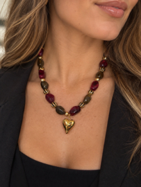 Kralenketting bordeaux en bruin met goud hart