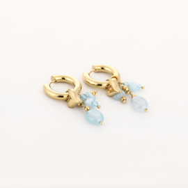 Stainless steel oorbellen goud met hartje en blauwe kralen