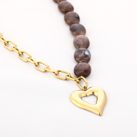 Kralenketting bruin met goud hart