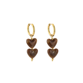 Oorbellen stainless steel goud met kralen en bedels najaar hart bruin