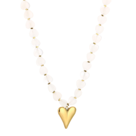 Ketting met kralen wit en goud hartje