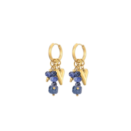 Oorbellen stainless steel goud met kralen en bedels najaar blauw hart