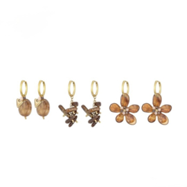Earparty Najaar stainless steel goud van 3 paar oorringen met bedels en kralen