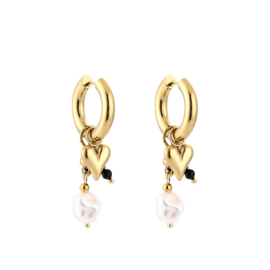 Stainless steel oorbellen goud met hartje en zwarte kralen