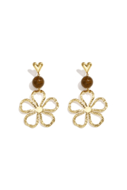 Statement oorbellen goud met bloem bruin